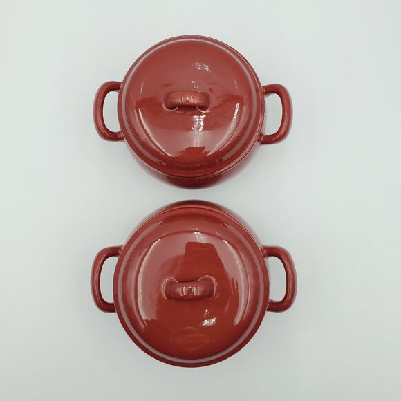 Oneida Kitchen Covered Red Soup Crocks Lidded Handled Chowder Chili Soup Bowls - Picture 3 of 6